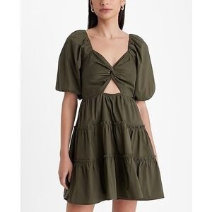 Express Olive Green Puff Sleeve Tiered Mini Dress Twist Front L Cottagecore Boho